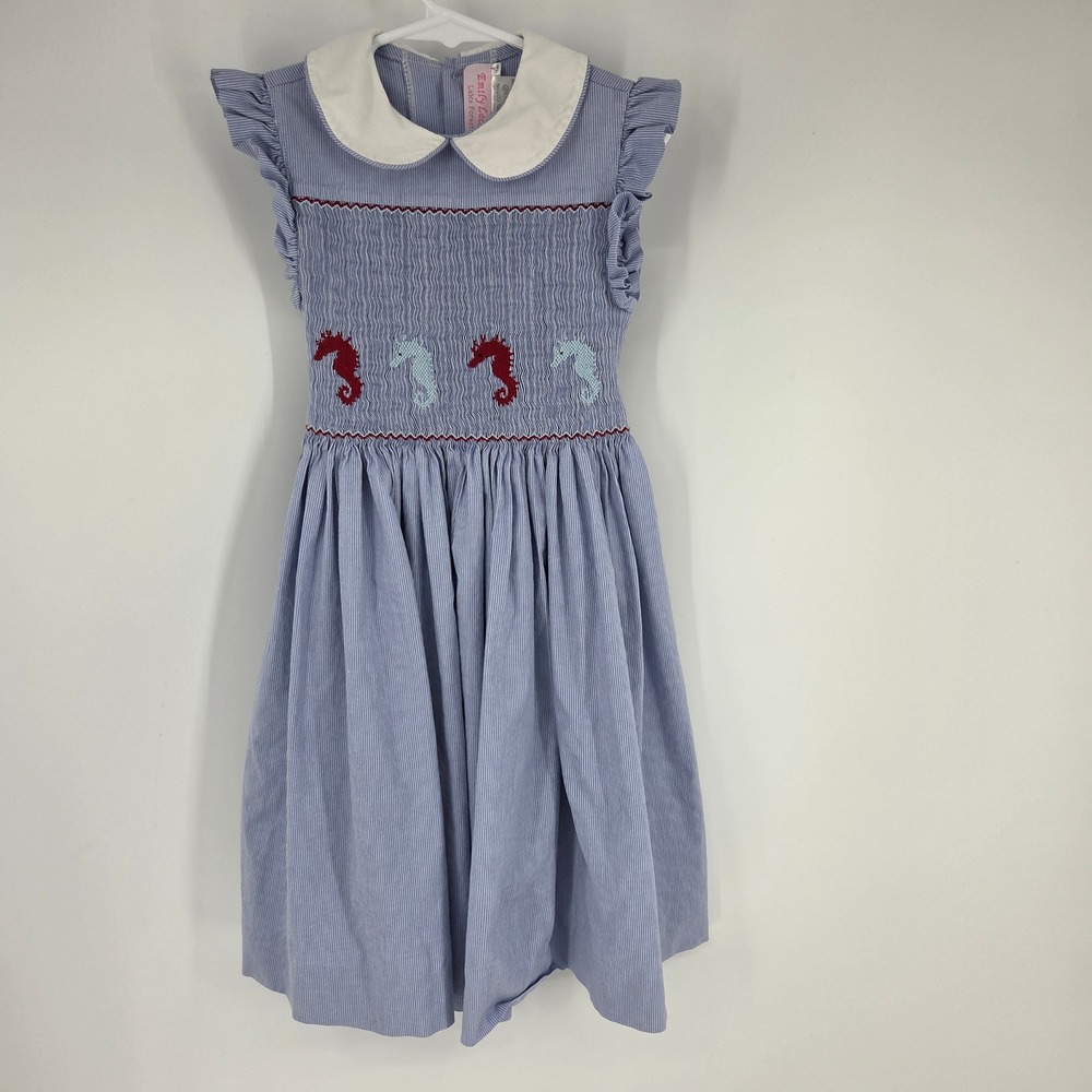 Emily Lacey Lake Forest Blue Pinstripe Smocked Seahorse Dress Girls 6 Peter Pan